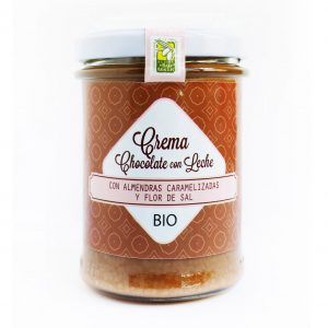 Crema BIO de Chocolate con Leche, Almendras Caramelizadas y flor de sal, 200 g. Con Aceite de Oliva Virgen Extra.