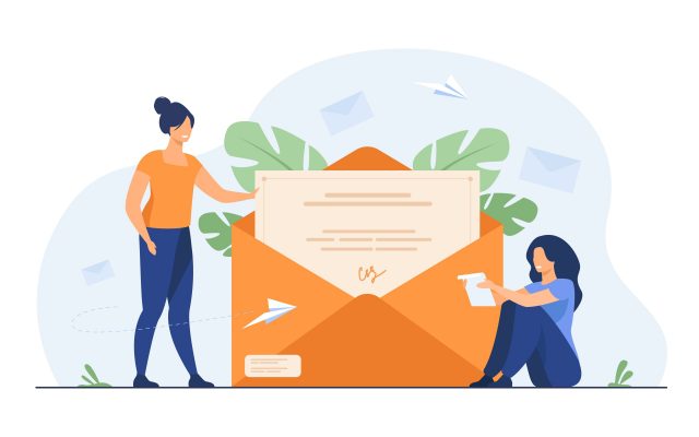 Woman receiving mail and reading letter Woman receiving mail and reading letter. Person getting contract with signature out of envelope. Flat vector illustration for email, message, communication concept